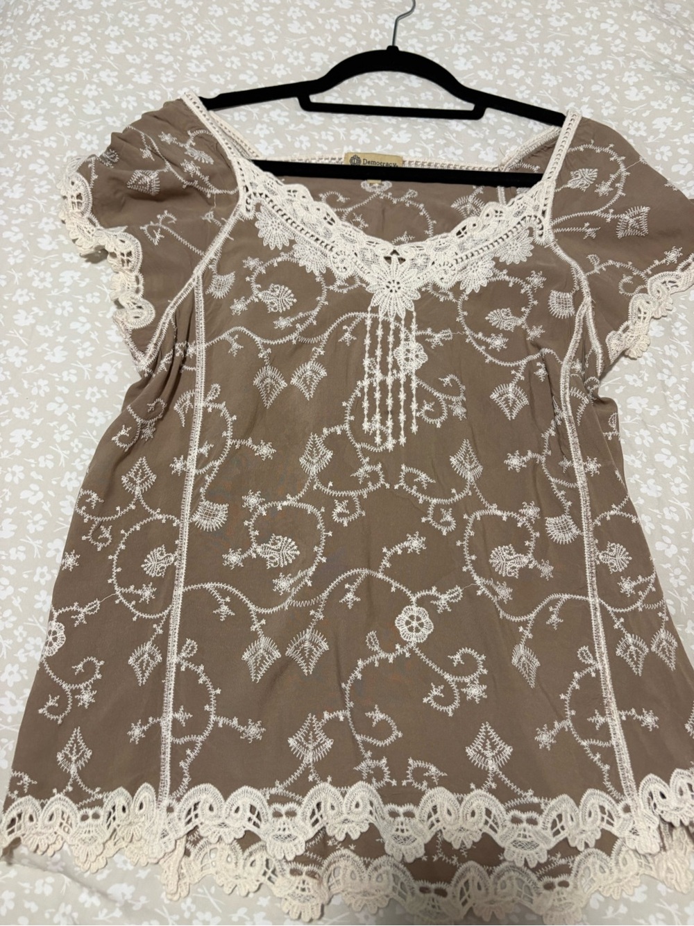 Democracy Taupe Blouse with Ivory Lace Embroidery
